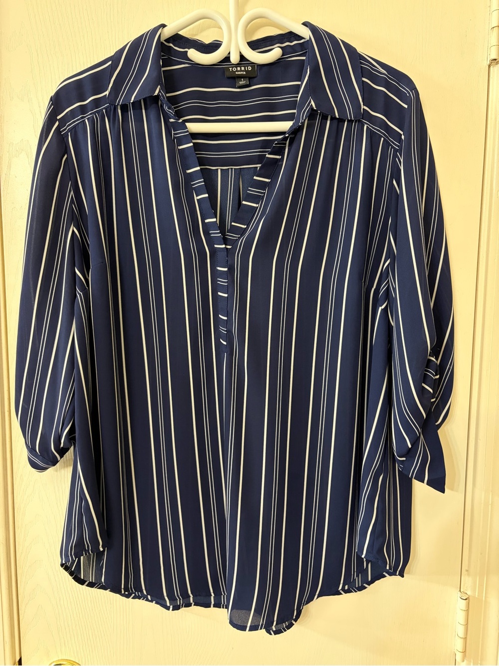 torrid Navy and White Vertical Stripe Split-V Blouse